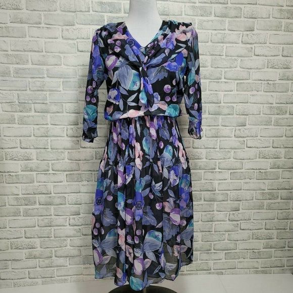 Vintage 80s 90s Dramatix Sheer Chiffon Floral Fit Flare Dress Pleated‎ Waistband - Picture 1 of 8